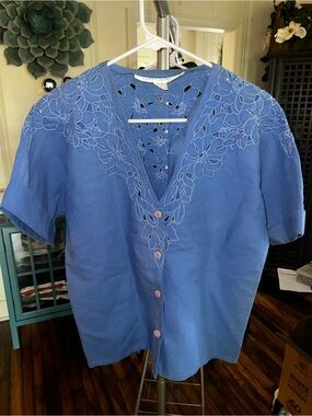Vintage Nancy Johnson Blue Embroidered V-Neck Button Front Top